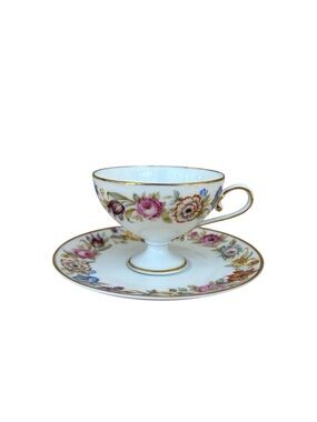 Hutschenreuther in Selb LHS Germany VTG Floral Porcelain Pedestal tea Cup Saucer